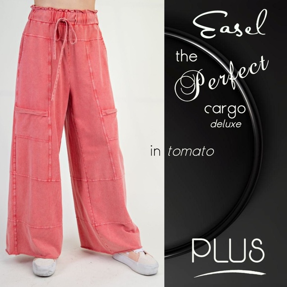 EASEL Pants - EASEL "Perfect Cargo Lux" Terry Knit Mineral Washed Flared Leg Raw Hems & Seams